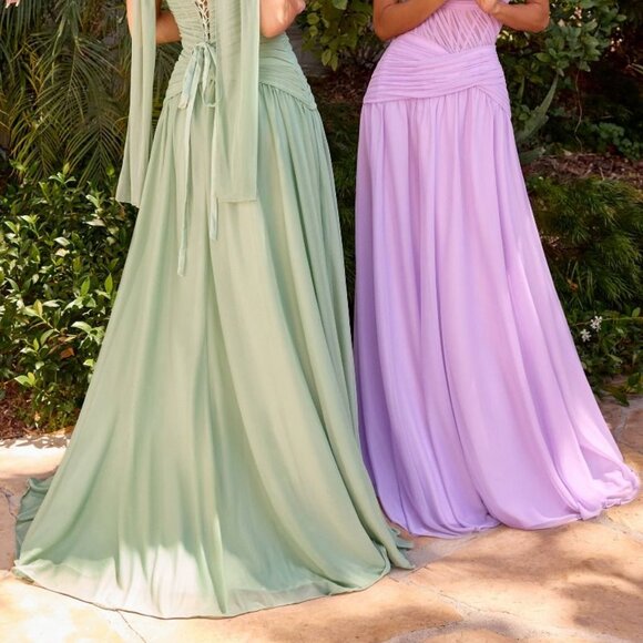 New Strapless Burgundy Bridesmaid Dress w/ Pleated Draping & Corset Bodice CD395 - Picture 7 of 10